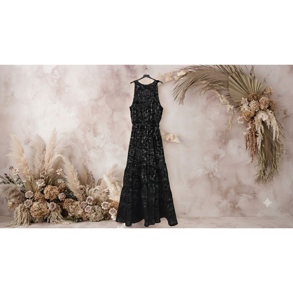 She + Sky S Black White Speckled Halter Maxi Dress Tiered Belted Boho Summer New
